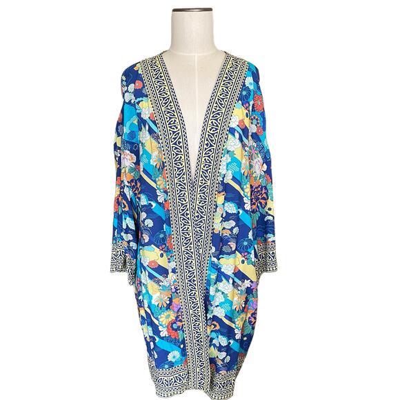 Soft Surroundings Cardigan Topper Women's L/XL Blue Yellow Floral Open Front - Picture 1 of 13